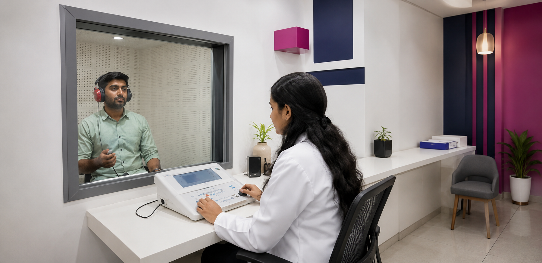 Audiologist explaining a Pure Tone Audiometry hearing test