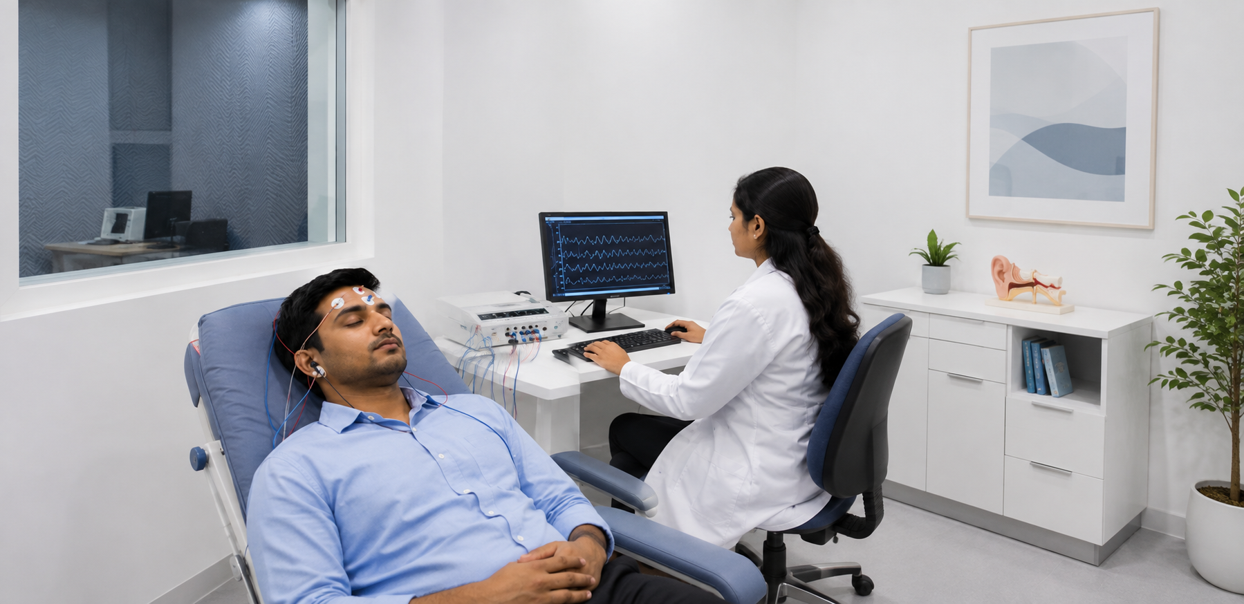 Audiologist performing a Brainstem Evoked Response Audiometry test