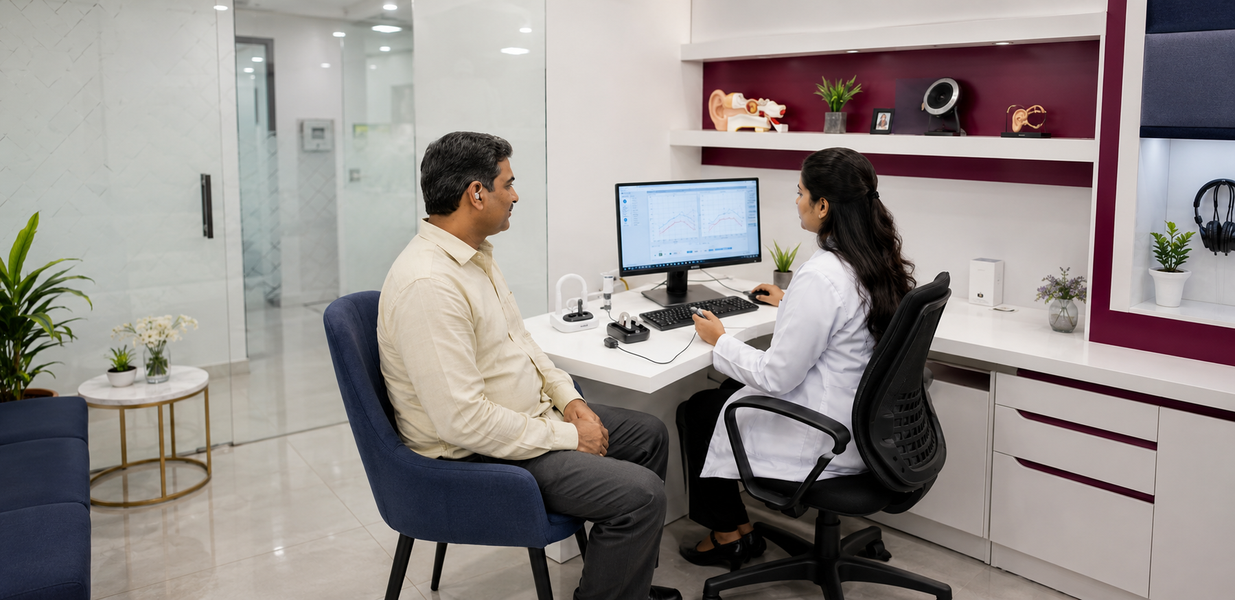 Audiologist adjusting and programming digital hearing aids