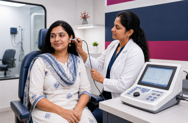 Audiologist performing an immittance audiometry test