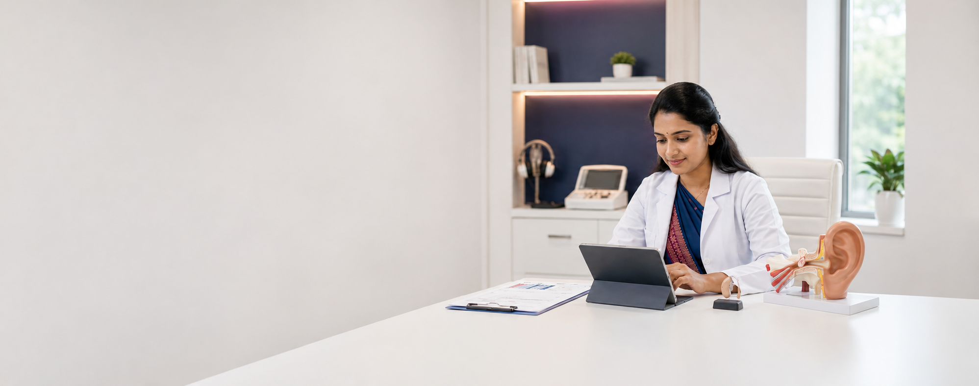 Audiologist helping a senior woman with hearing care