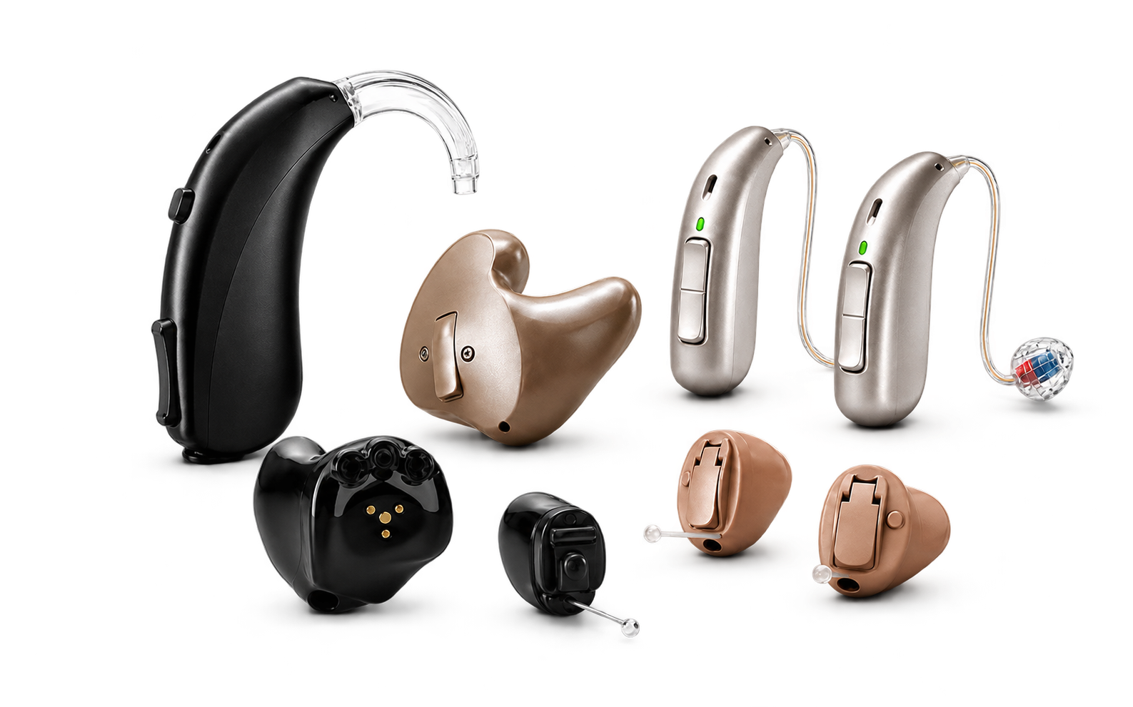 Different hearing aid styles displayed at Simha Hearing Aids