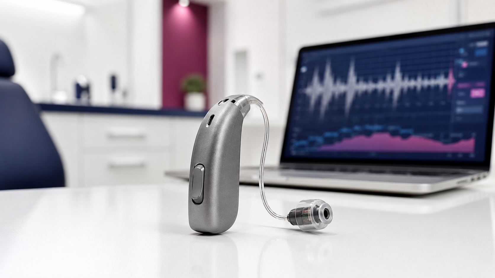 Modern digital hearing aid technology in a professional audiology setting