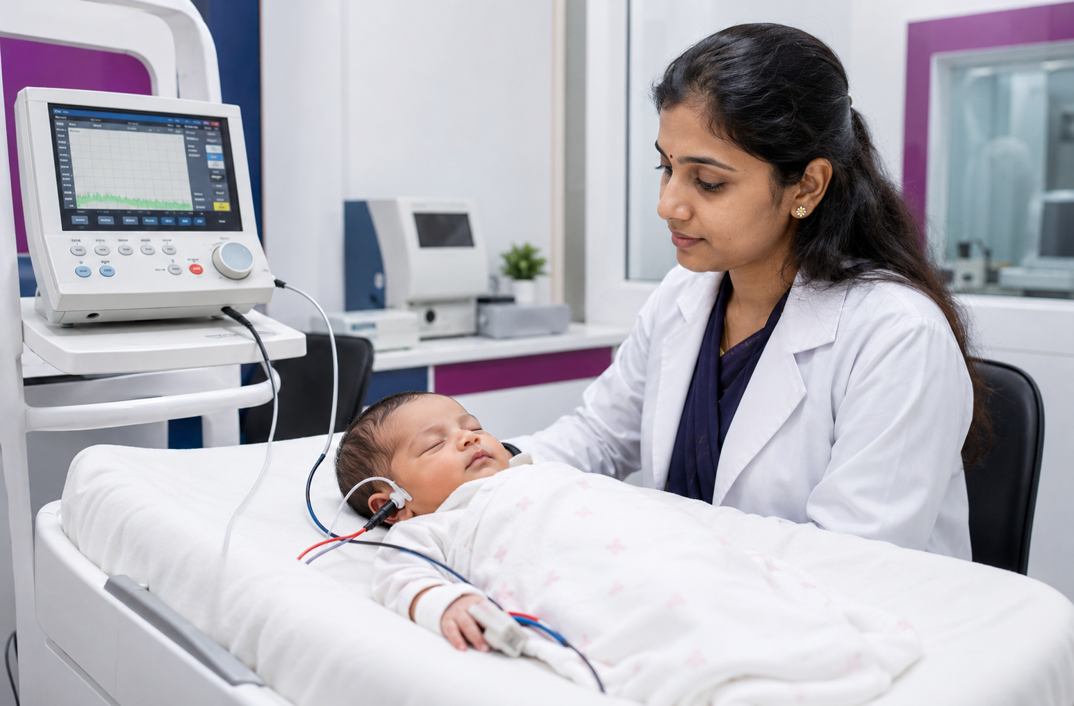 Newborn baby undergoing a professional hearing screening