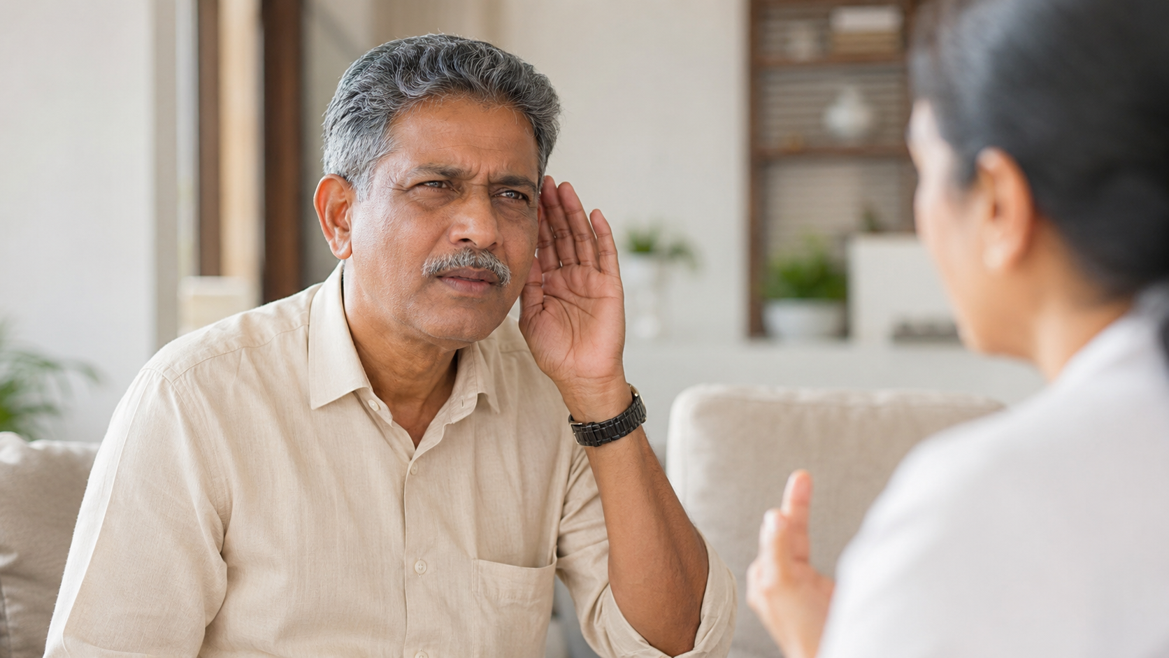 Senior man experiencing hearing difficulty