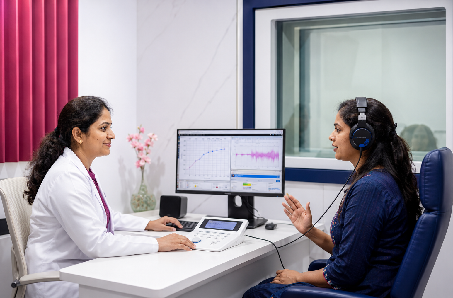 Audiologist conducting a speech audiometry hearing test