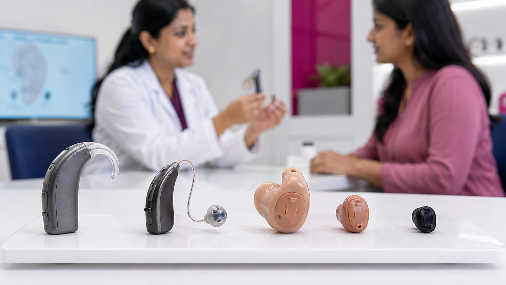 Different modern hearing aid styles displayed in an audiology clinic