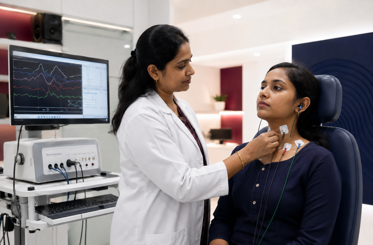 Audiologist conducting a VEMP vestibular assessment